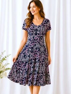 Cato Est 1946 NWT Navy Pink Scroll Print Fit & Flare Dress 1X Stretchy Midi plus